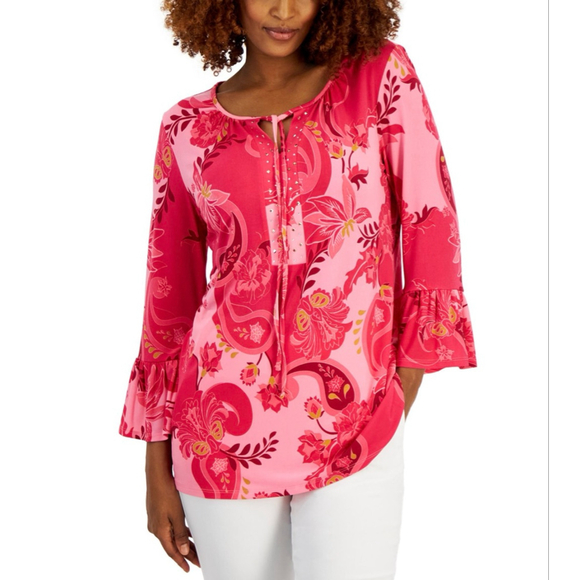JM Collection Tops - JM Collection Glamorous Vines Embellished Tunic with Ruffle Sleeves Size L NWT